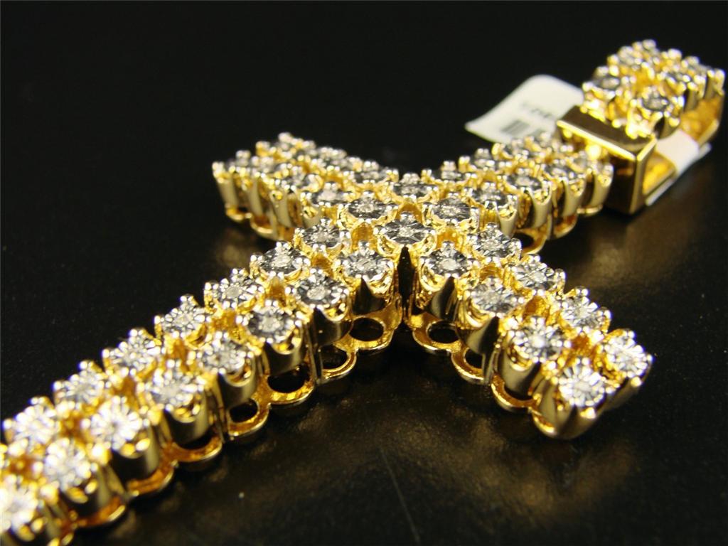 new_york_jewels 2 ROW MENS REAL DIAMOND CROSS + 1 ROW